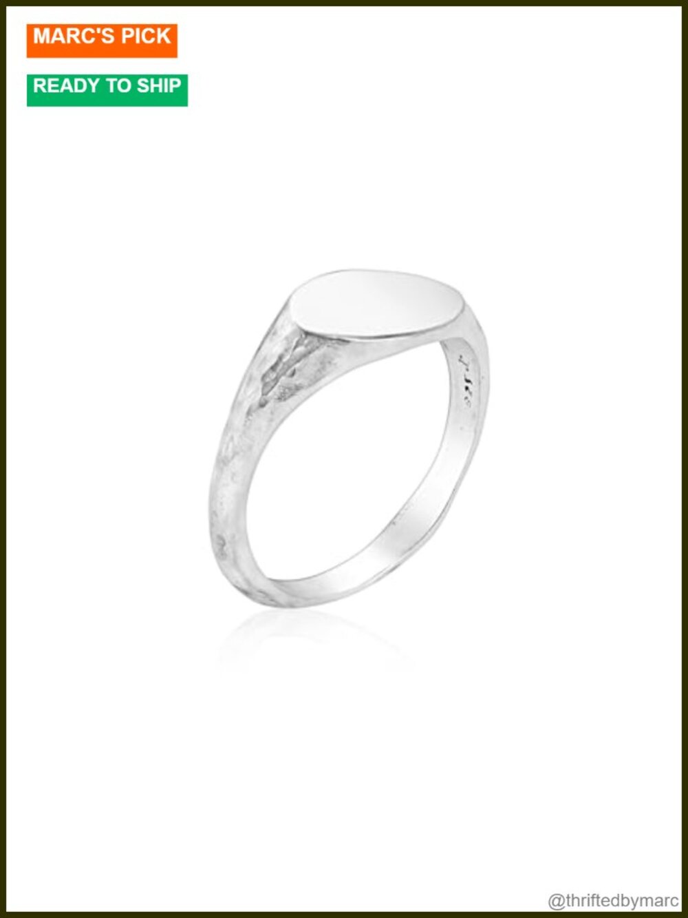 Men's Solid 925 Sterling Silver Oval Signet Ring Slim Hammered Band